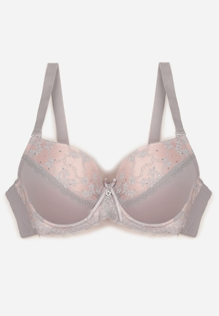 Szaro-Różowy Biustonosz z Koronką i Cyrkoniami Himelodia