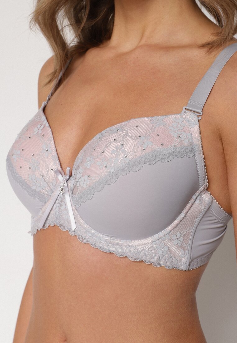 Szaro-Różowy Biustonosz z Koronką i Cyrkoniami Himelodia