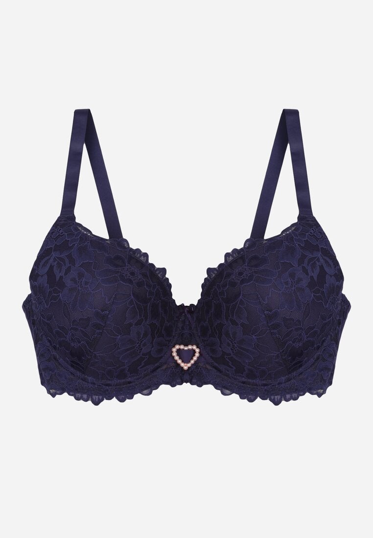 Granatowy Koronkowy Biustonosz Ozdobiony Cyrkoniowym Sercem Bothilei