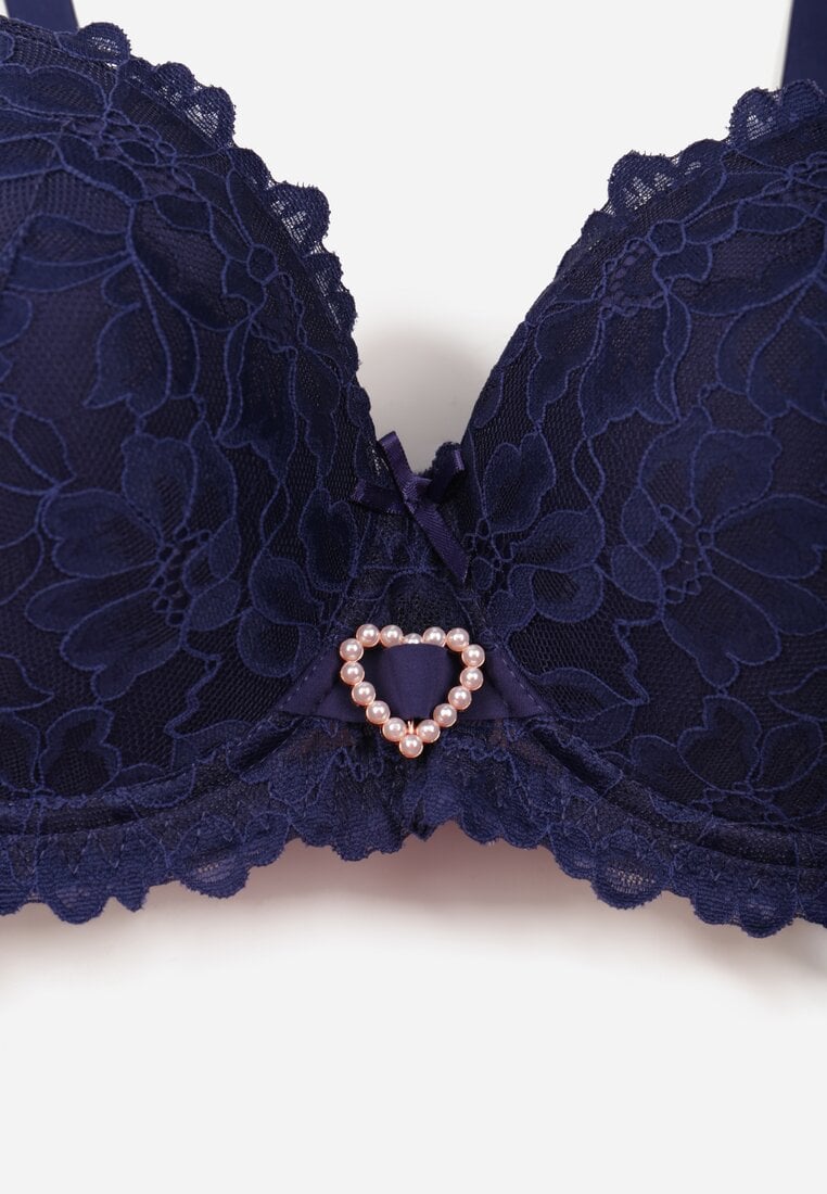 Granatowy Koronkowy Biustonosz Ozdobiony Cyrkoniowym Sercem Bothilei