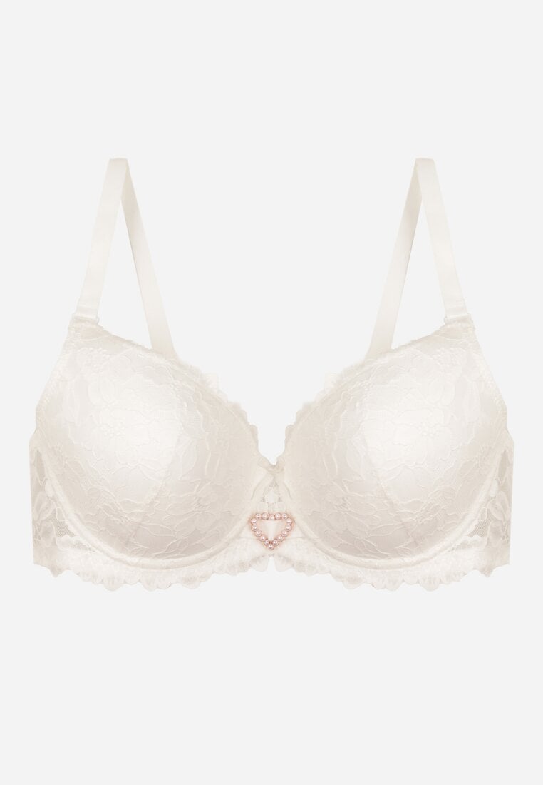 Jasnobeżowy Koronkowy Biustonosz Ozdobiony Cyrkoniowym Sercem Bothilei