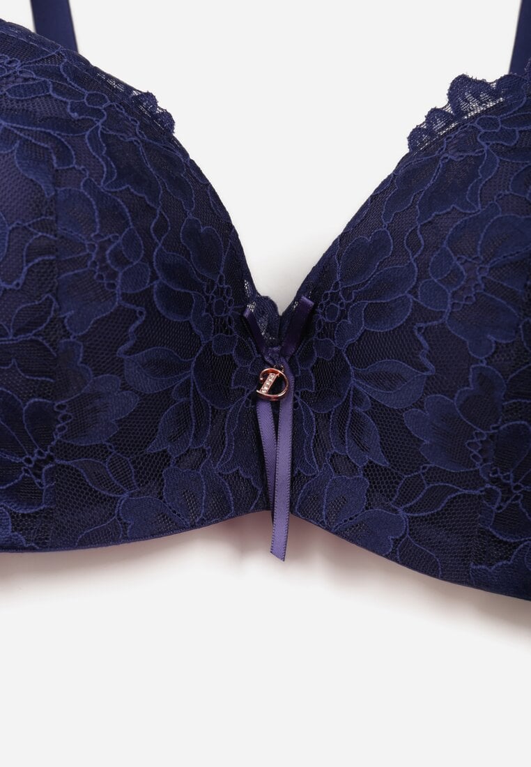 Granatowy Biustonosz Ozdobiony Koronką i Kokardką Aqiany