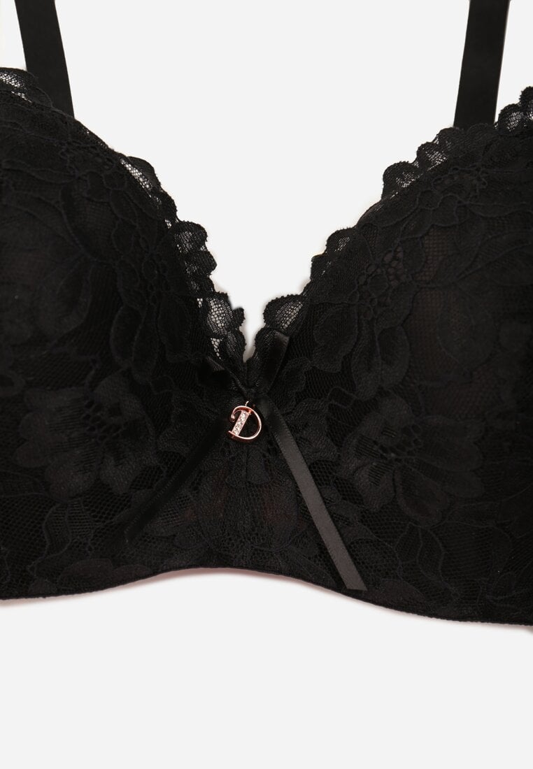 Czarny Biustonosz Ozdobiony Koronką i Kokardką Aqiany