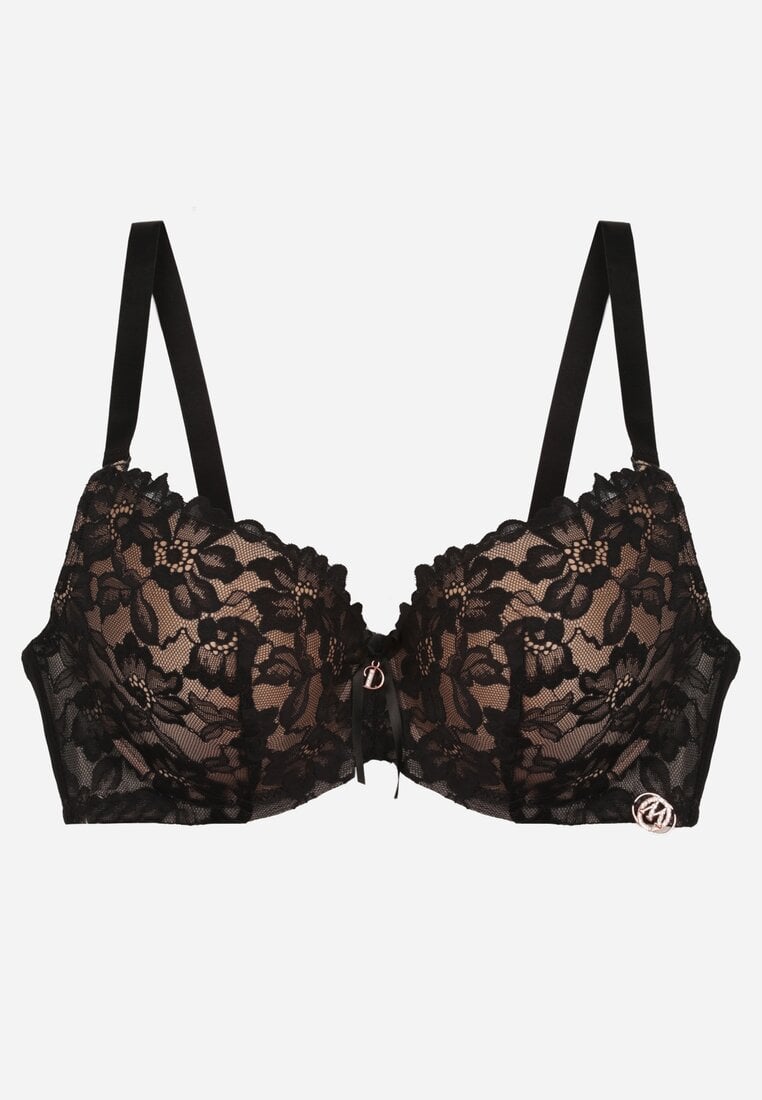 Czarno-Beżowy Biustonosz Ozdobiony Koronką i Kokardką Aqiany