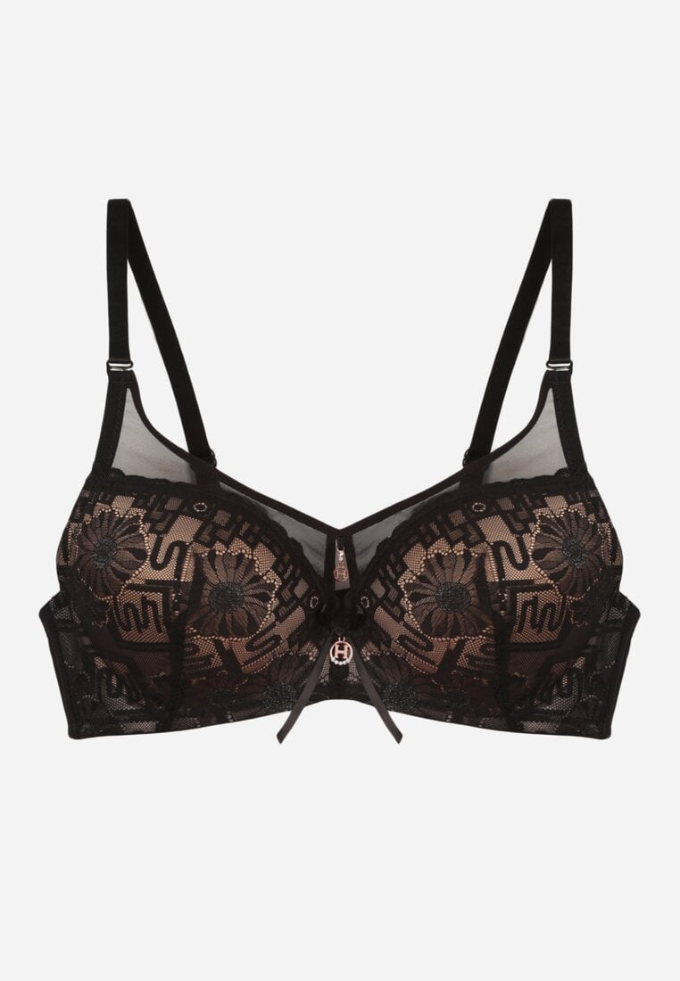 Czarno-Beżowy Biustonosz Ozdobiony Transparentnymi Wstawkami i Koronką Brannor