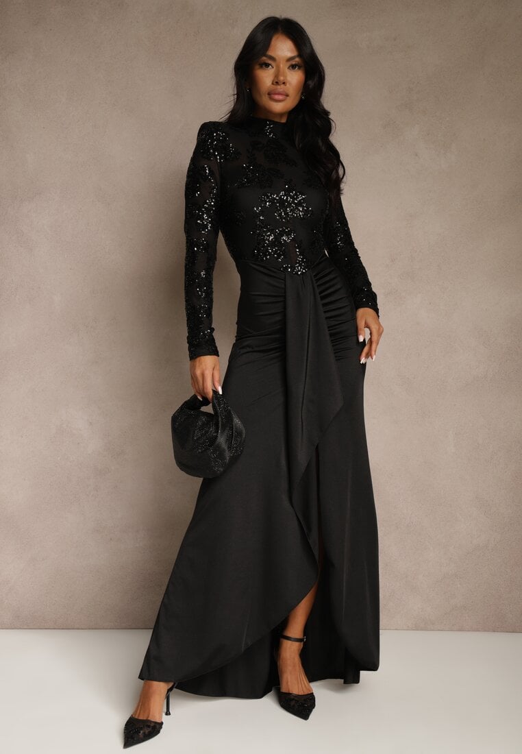 Czarna Koktajlowa Sukienka z Półgolfem Zdobiona Cekinami i Trenem Nautitune