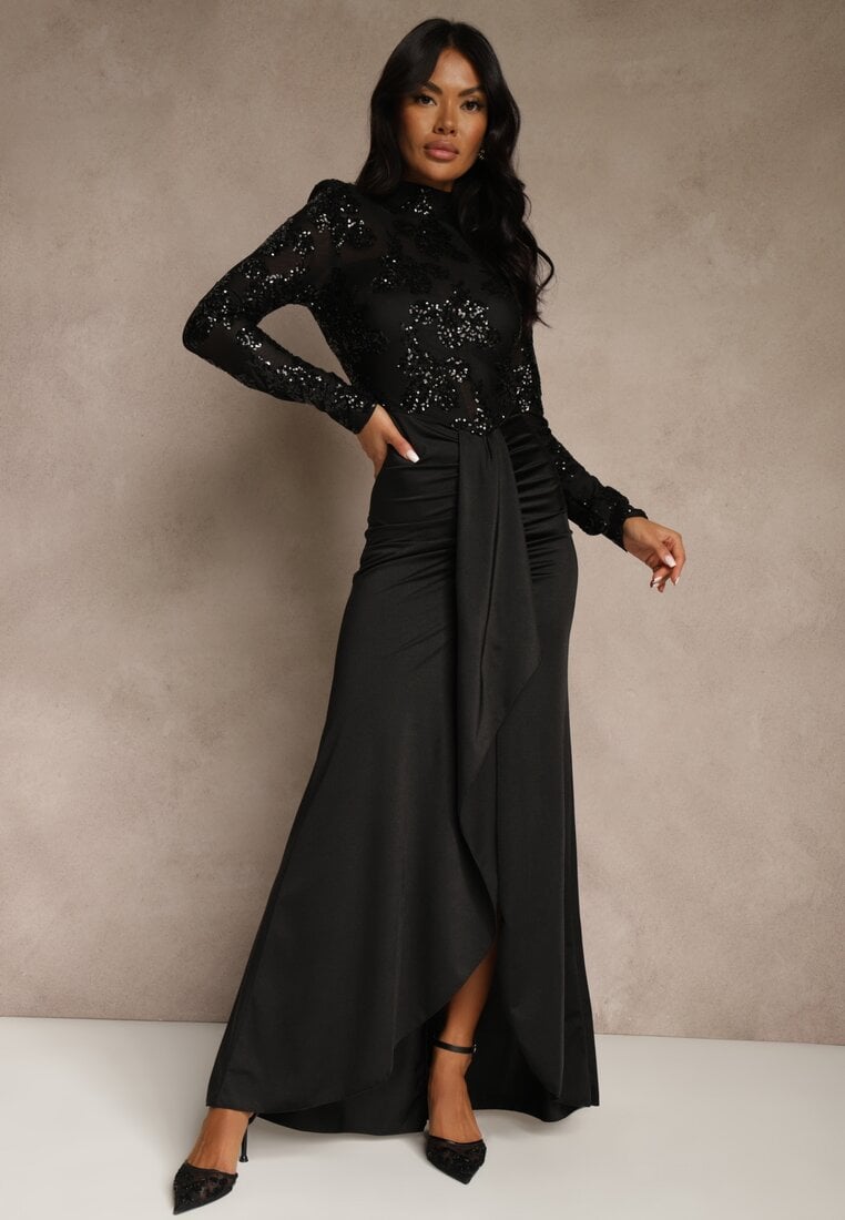 Czarna Koktajlowa Sukienka z Półgolfem Zdobiona Cekinami i Trenem Nautitune