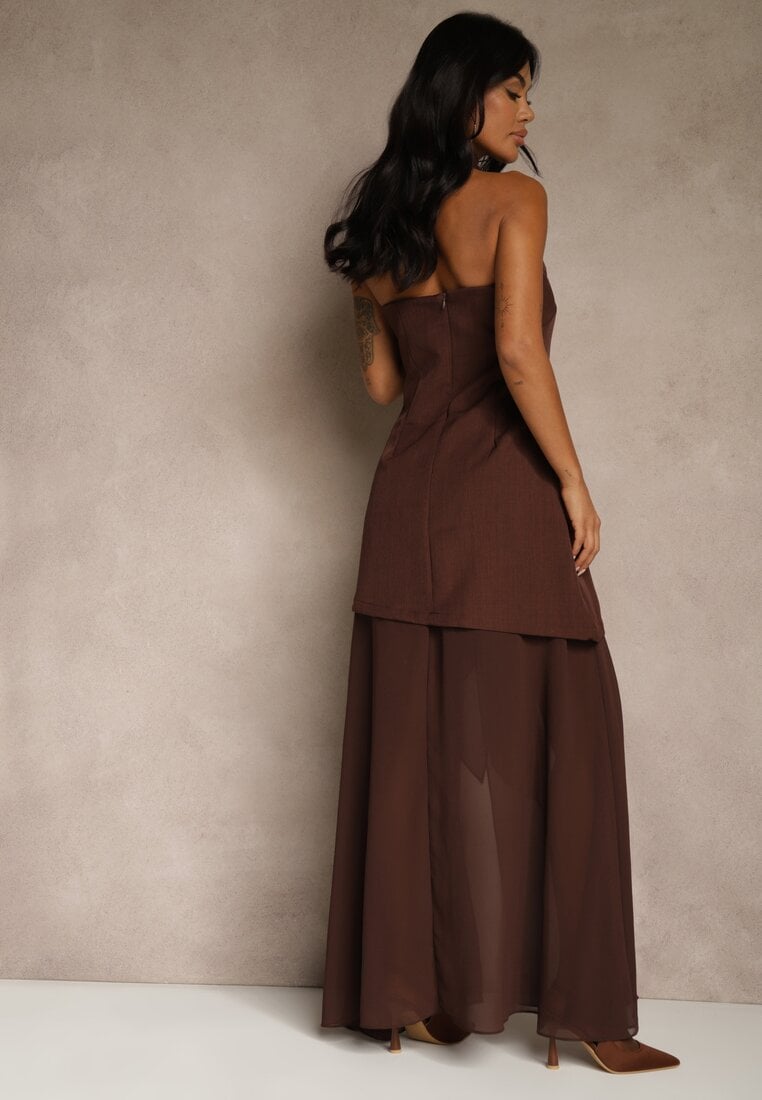 Brązowa Wieczorowa Sukienka Bandeau z Dodatkowym Szalem Meridvia