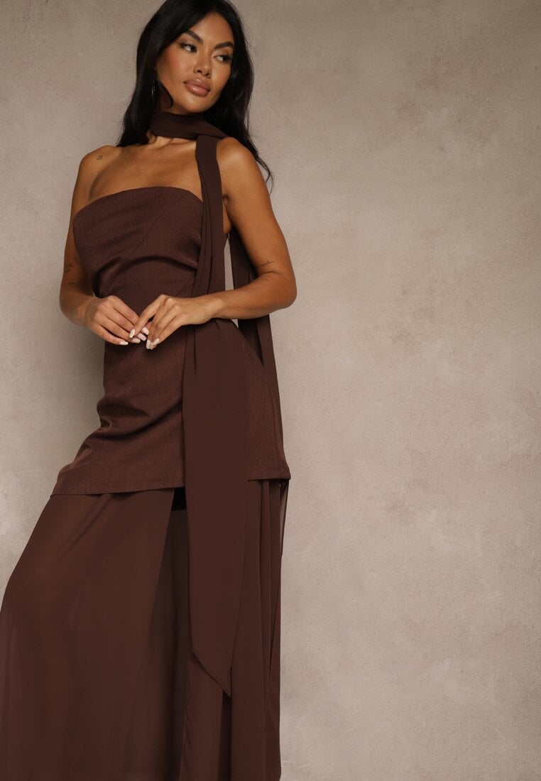 Brązowa Wieczorowa Sukienka Bandeau z Dodatkowym Szalem Meridvia