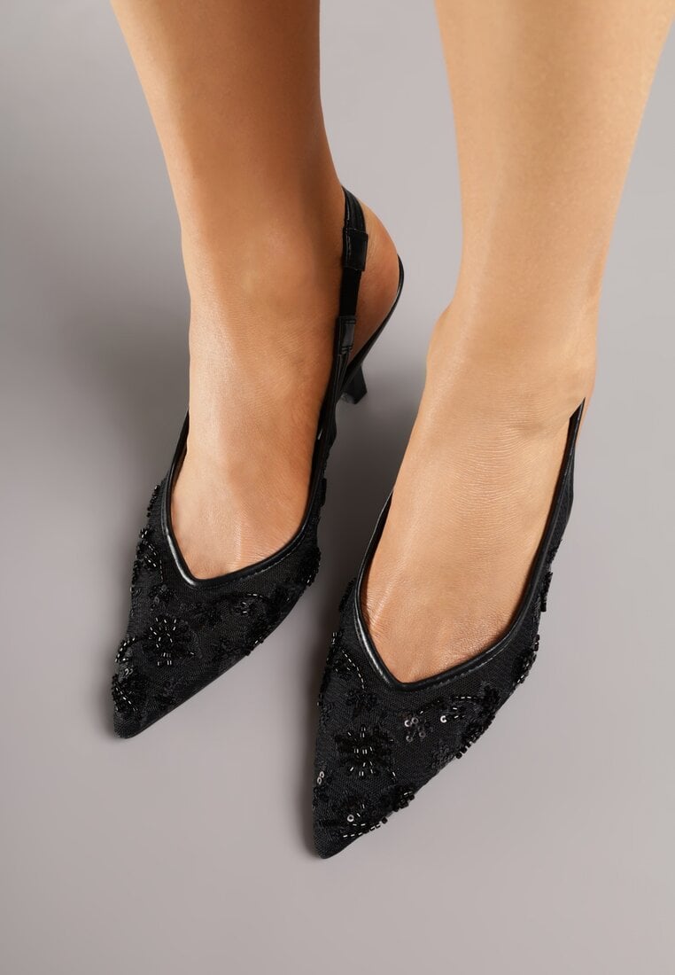 Czarne Sandały na Szpilce Typu Slingback z Cekinami Resseris