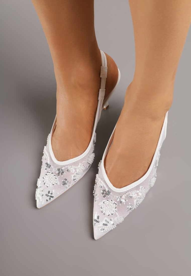Białe Sandały na Szpilce Typu Slingback z Cekinami Resseris