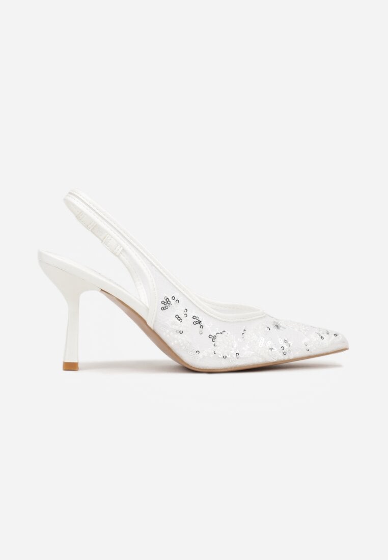 Białe Sandały na Szpilce Typu Slingback z Cekinami Resseris