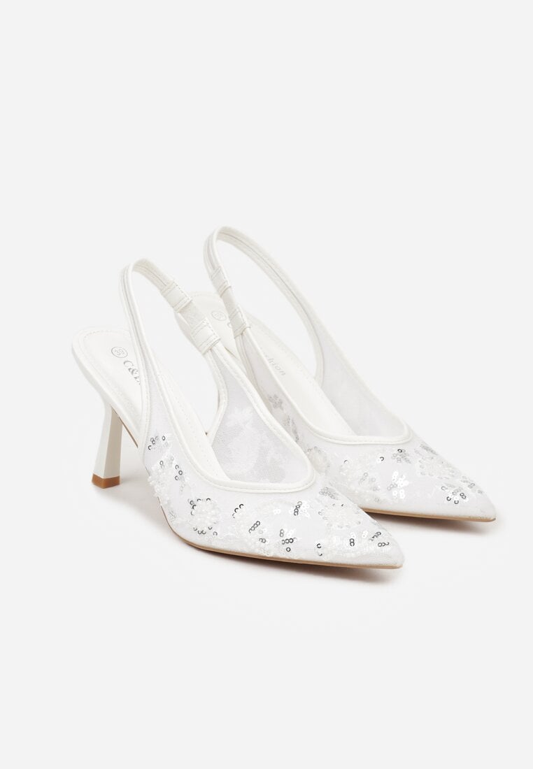 Białe Sandały na Szpilce Typu Slingback z Cekinami Resseris