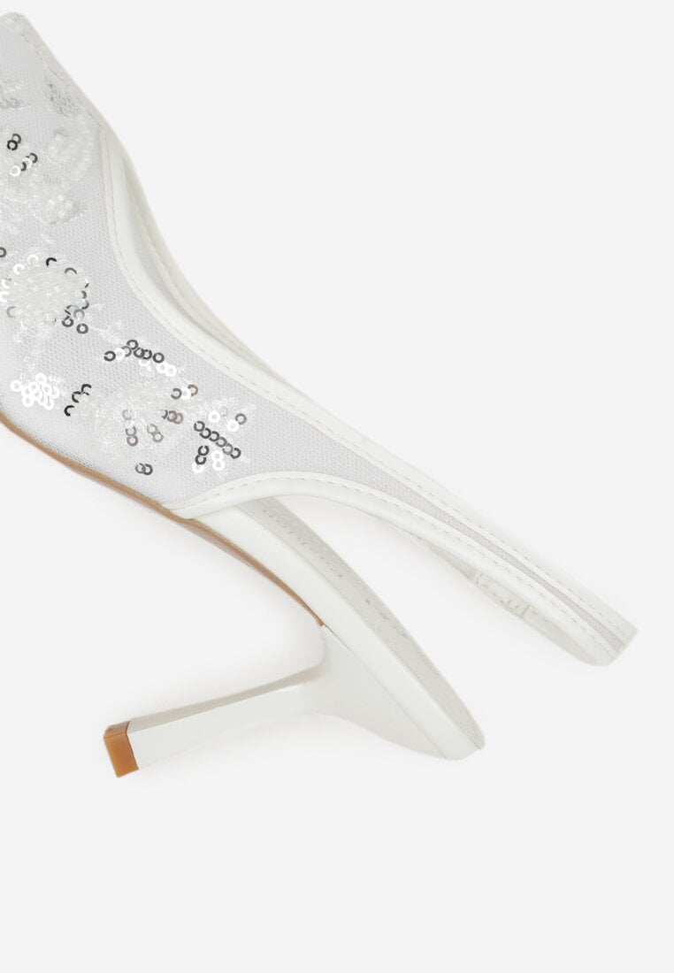 Białe Sandały na Szpilce Typu Slingback z Cekinami Resseris