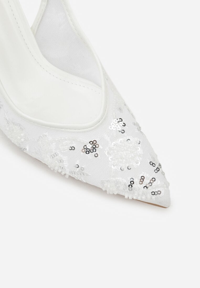 Białe Sandały na Szpilce Typu Slingback z Cekinami Resseris