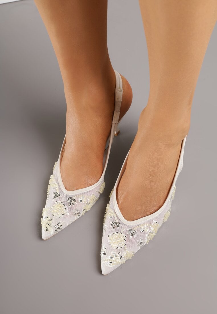 Beżowe Sandały na Szpilce Typu Slingback z Cekinami Resseris