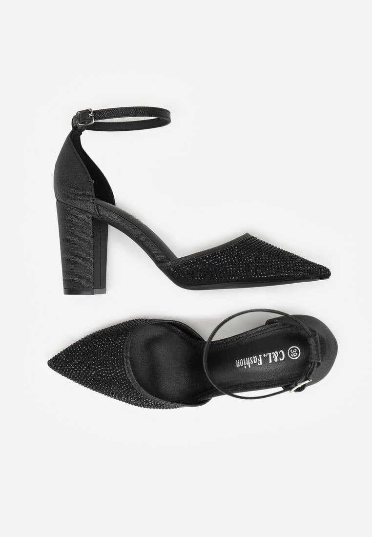 Czarne Czółenka na Słupku z Cyrkoniami i Brokatem Myriani