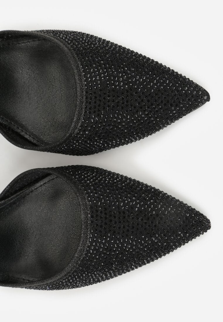 Czarne Czółenka na Słupku z Cyrkoniami i Brokatem Myriani