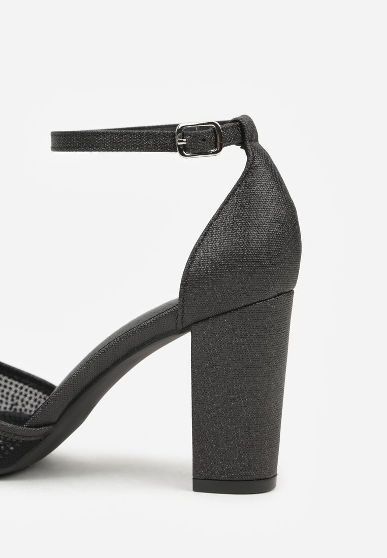 Czarne Czółenka na Słupku z Cyrkoniami i Brokatem Myriani