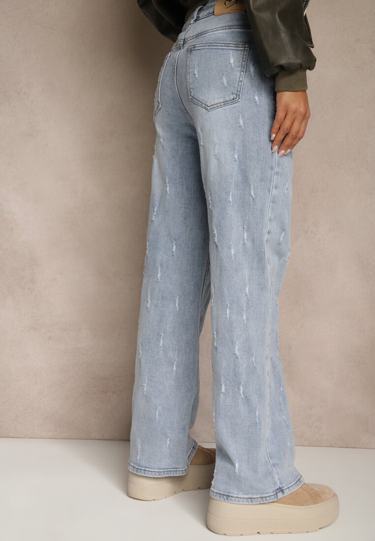 Niebieskie Jeansy z Bawełny o Szerokim Kroju High Waist Ozdobione Przetarciami Feless