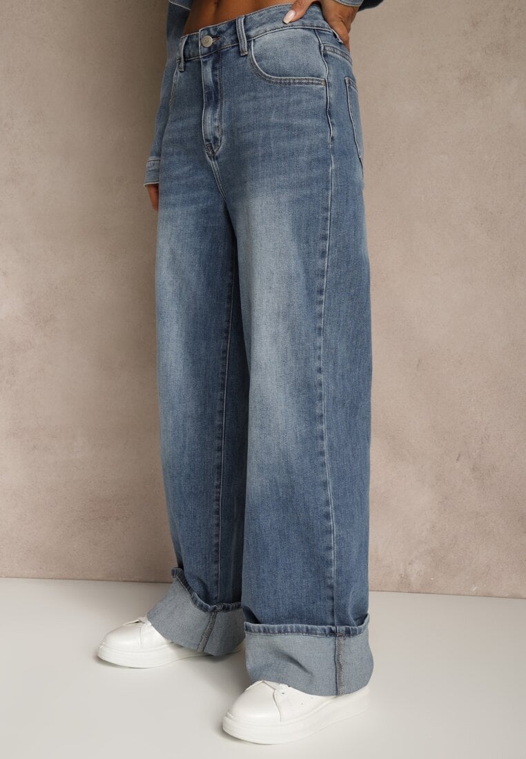 Niebieskie Jeansy High Waist Wide Leg z Podwiniętymi Nogawkami Nymthine