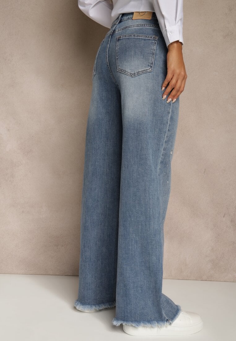 Niebieskie Szerokie Jeansy High Waist z Cyrkoniowymi Aplikacjami Sireilure