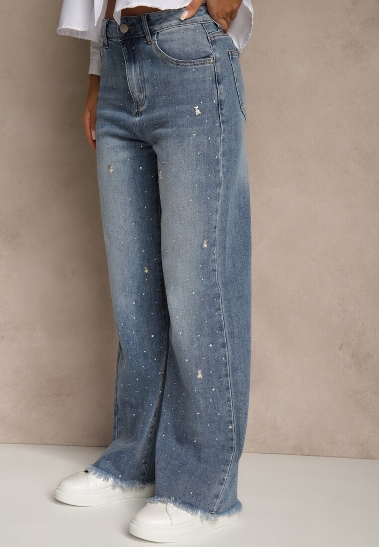 Niebieskie Szerokie Jeansy High Waist z Cyrkoniowymi Aplikacjami Sireilure