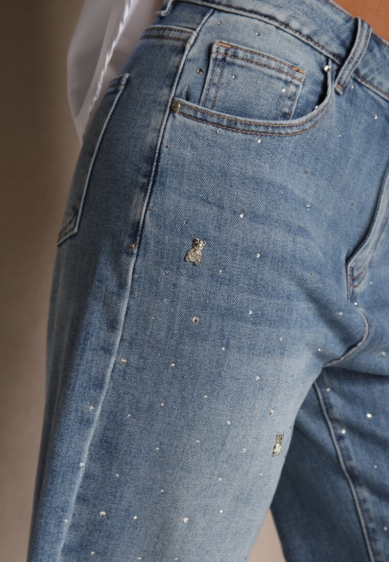Niebieskie Szerokie Jeansy High Waist z Cyrkoniowymi Aplikacjami Sireilure