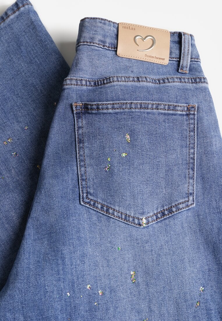 Niebieskie Jeansy Wide Leg High Waist z Błyszczącymi Zdobieniami Lilyss