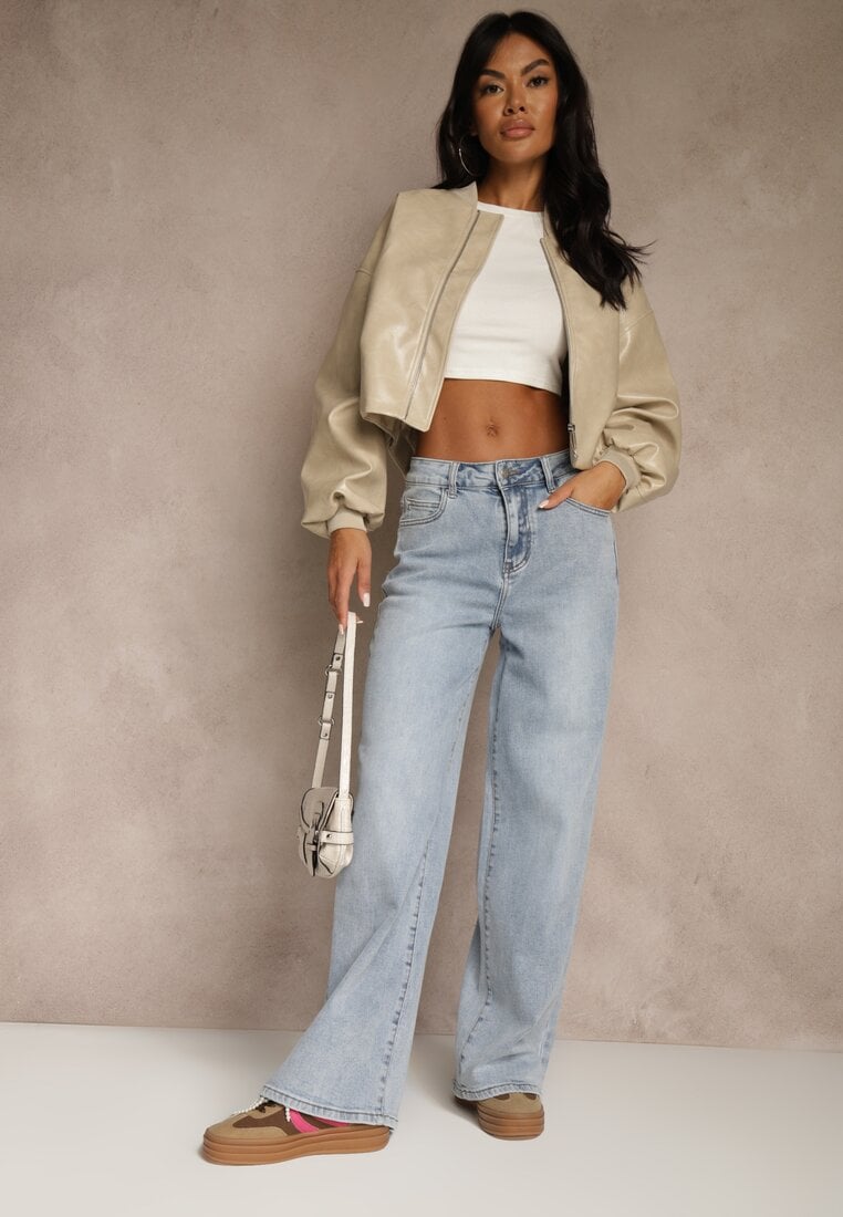 Niebieskie Szerokie Jeansy High Waist Zdobione Haftem na Kieszeni Thaola