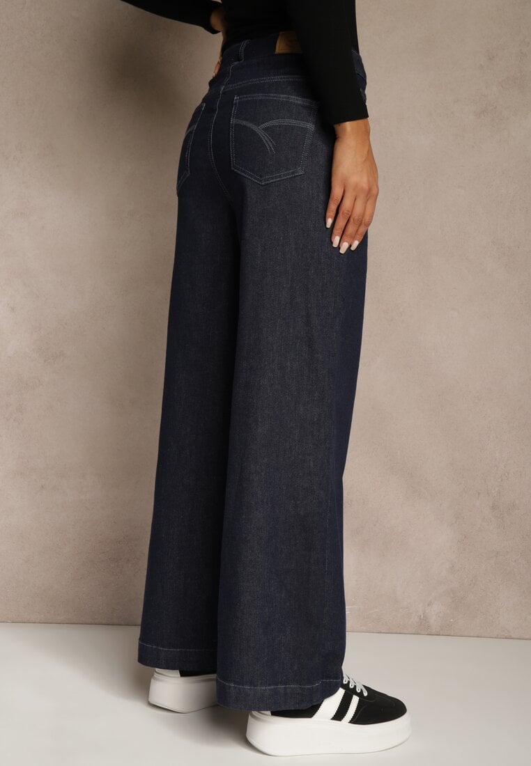 Niebieskie Jeansy z Bawełny High Waist z Ozdobną Sznurówką w Pasie Ohirvyra