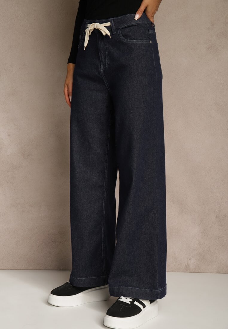 Niebieskie Jeansy z Bawełny High Waist z Ozdobną Sznurówką w Pasie Ohirvyra