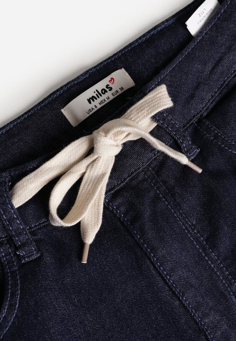 Niebieskie Jeansy z Bawełny High Waist z Ozdobną Sznurówką w Pasie Ohirvyra