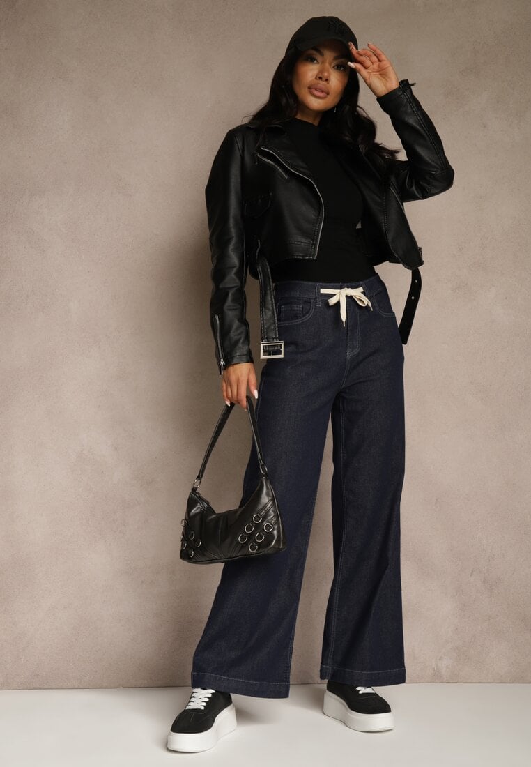 Niebieskie Jeansy z Bawełny High Waist z Ozdobną Sznurówką w Pasie Ohirvyra