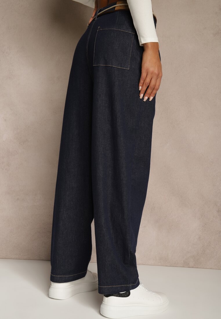 Niebieskie Szerokie Jeansy z Bawełny High Waist Ozdobione Sznurkiem Landa