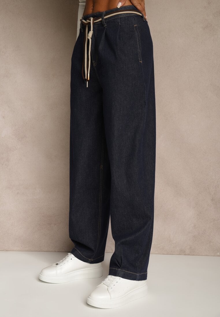 Niebieskie Szerokie Jeansy z Bawełny High Waist Ozdobione Sznurkiem Landa