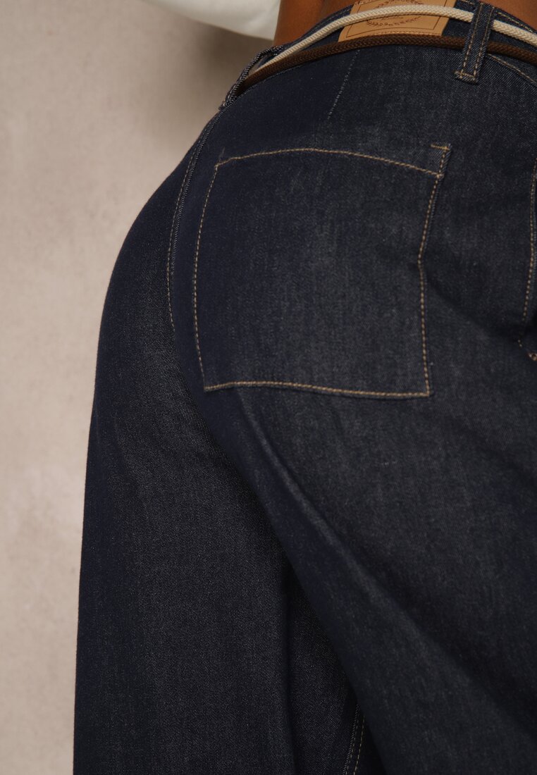 Niebieskie Szerokie Jeansy z Bawełny High Waist Ozdobione Sznurkiem Landa