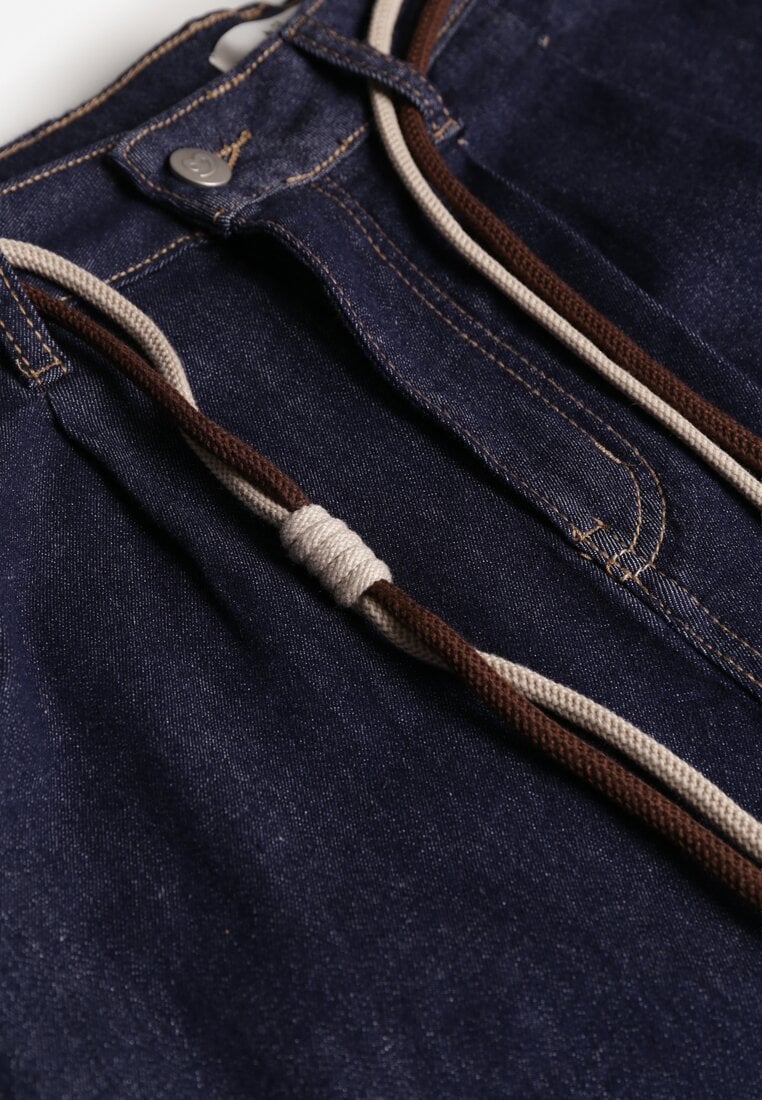 Niebieskie Szerokie Jeansy z Bawełny High Waist Ozdobione Sznurkiem Landa