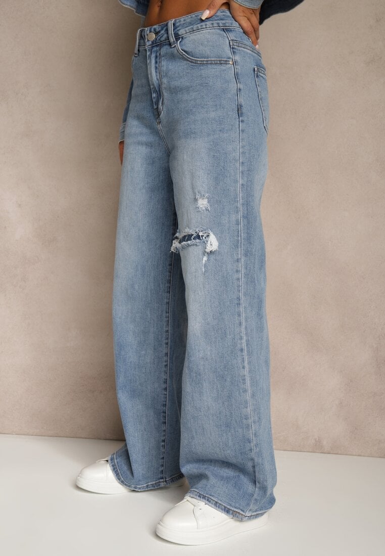 Niebieskie Jeansy z Bawełny High Waist z Przetarciami i Dziurą Lisis