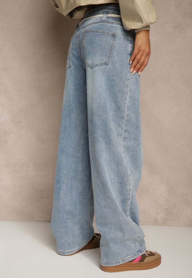 Niebieskie Jeansy Balloon Regular Waist z Ozdobnym Wiązaniem Daemora