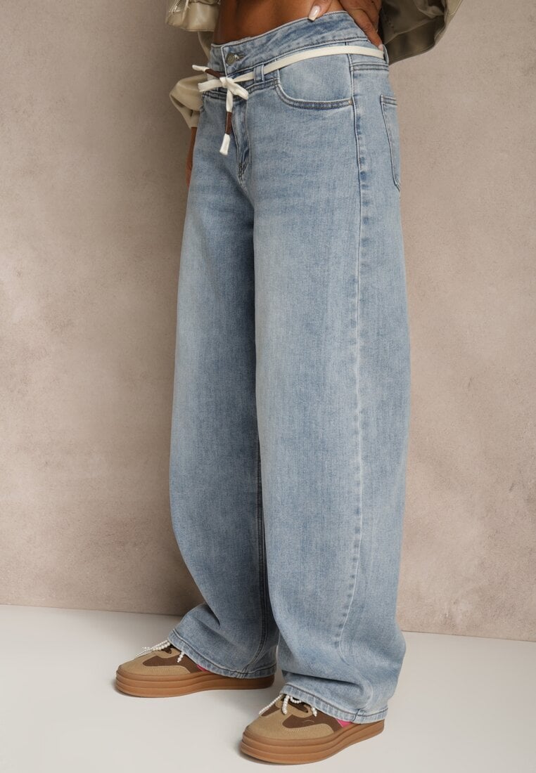 Niebieskie Jeansy Balloon Regular Waist z Ozdobnym Wiązaniem Daemora