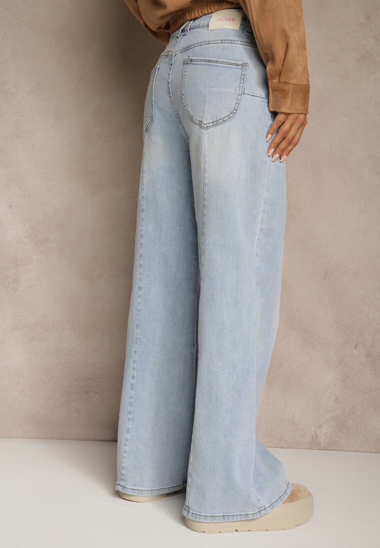 Niebieskie Jeansy High Waist o Szerokim Kroju z Przeszyciami i Imitacją Kieszeni Saliana