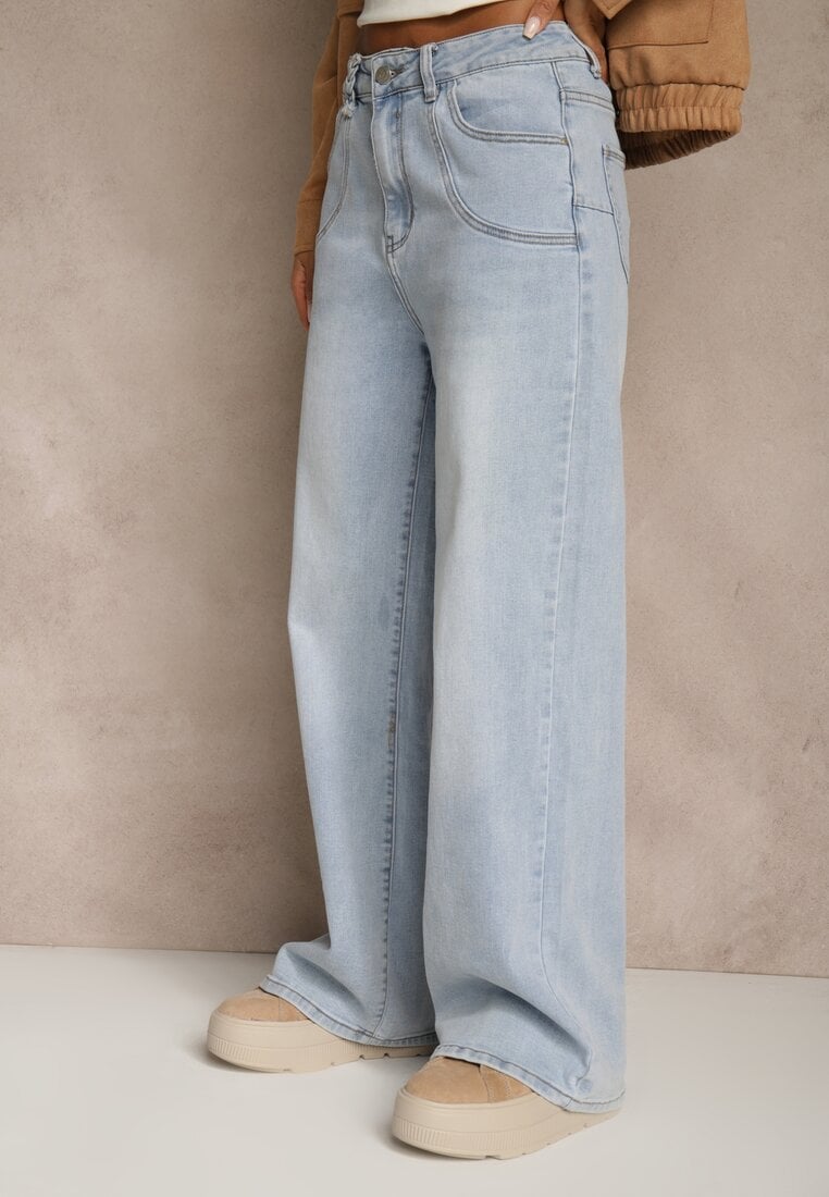 Niebieskie Jeansy High Waist o Szerokim Kroju z Przeszyciami i Imitacją Kieszeni Saliana