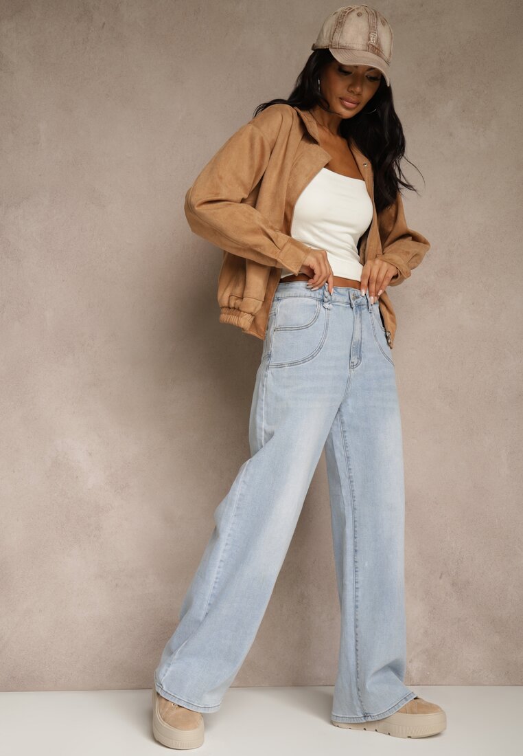 Niebieskie Jeansy High Waist o Szerokim Kroju z Przeszyciami i Imitacją Kieszeni Saliana