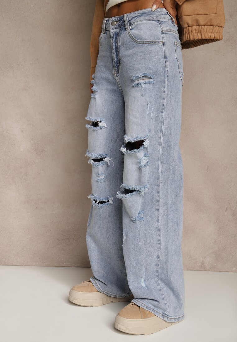 Niebieskie Jeansy High Waist Wide Leg z Ozdobnymi Przetarciami i Dziurami Elintyse