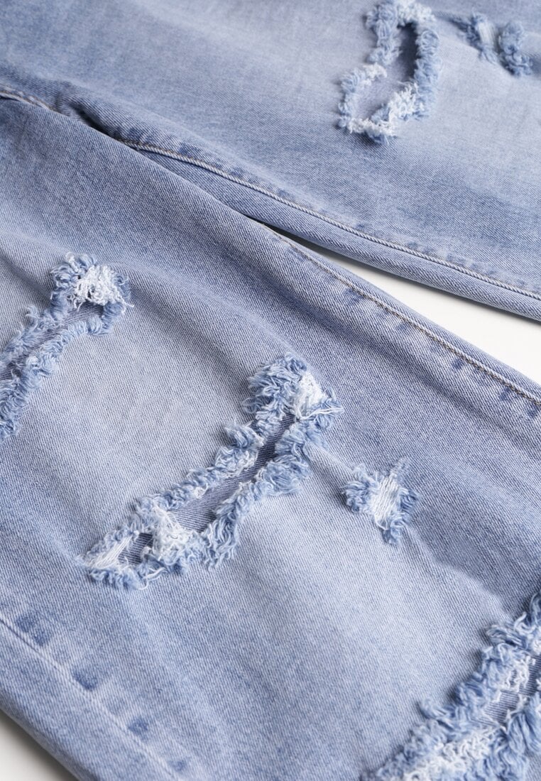 Niebieskie Jeansy High Waist Wide Leg z Ozdobnymi Przetarciami i Dziurami Elintyse