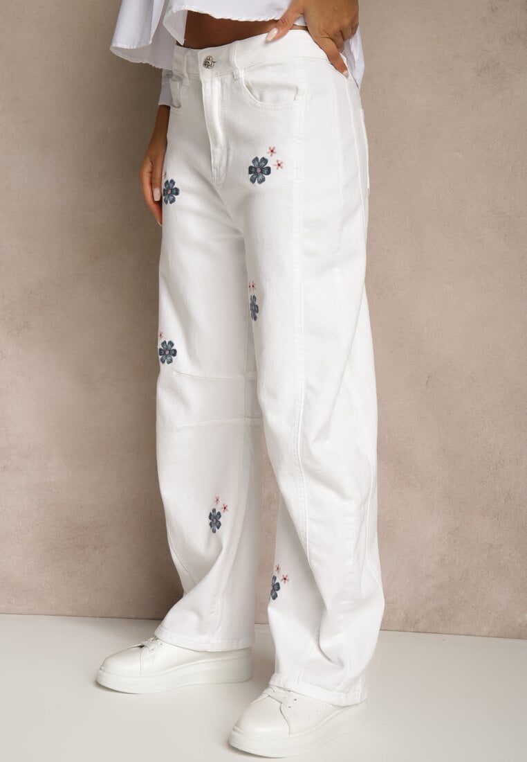 Białe Jeansy Balloon High Waist z Kwiatowym Haftem Irolyn
