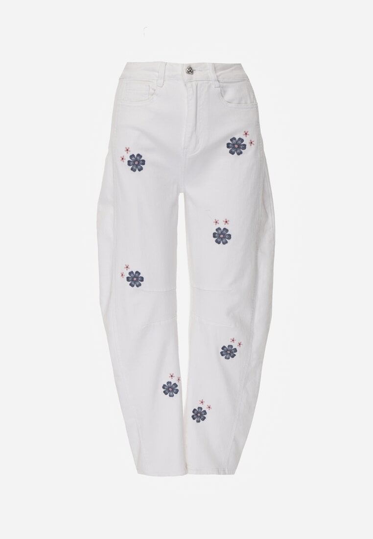 Białe Jeansy Balloon High Waist z Kwiatowym Haftem Irolyn