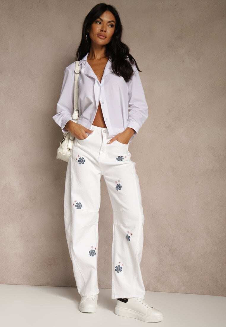 Białe Jeansy Balloon High Waist z Kwiatowym Haftem Irolyn