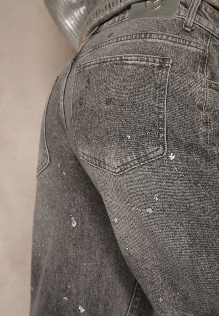 Szare Jeansy High Waist Wide Leg ze Świecącymi Drobinkami Luiza